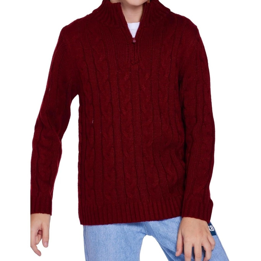 Youth Cable Knit Sweater‎ 1/4 Zip Pullover Burgundy Old Money Luxury New